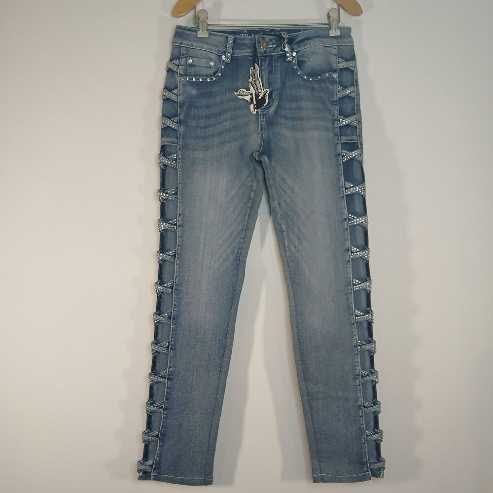 Platinum Plush Open Leg X Rhinestone Skinny Jeans NWT Style 4009 Sz 7